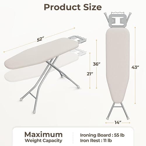 Yaheetech Foldable Ironing Board, Heavy Duty Iron Board with 9 Adjustable Heights, 4 Layer Cover and Safety Iron Rest, 52X14 Compact and Space Save Iron Board for Home Laundry Room Use, Beige thumbnail 3