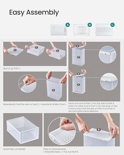 SONGMICS Shoe Boxes, Pack of 12 Shoe Storage Organizers, Stackable Clear Plastic Boxes for Closet, Sneakers, 13.1 x 9.1 x 5.6 Inches, Transparent and White ULSP12SWT thumbnail 7