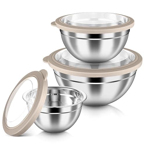 HaWare Mixing Bowls with Clear Airtight Lids, Stainless Steel Nesting Bowls | 6-Piece Metal Salad Bowl for Cooking, Prepping, Baking, Serving & Food Storage, Size 4.6, 3, 1.5QT, Khaki - Image 1