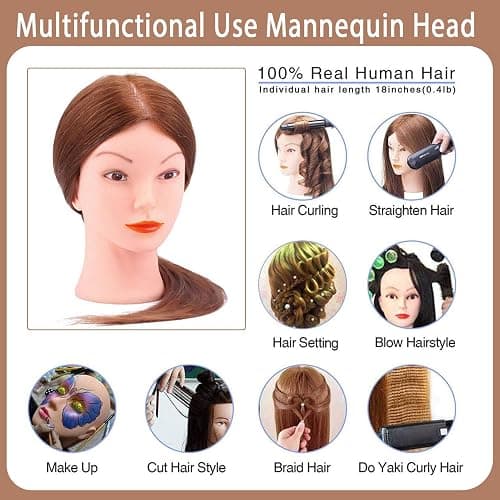 Mannequin Head with 100% Human Hair, TopDirect Real Hair Cosmetology Mannequin Head Hair Styling Hairdressing Practice Training Doll Head with Clamp Holder and Tools (Dark Brown) thumbnail 6