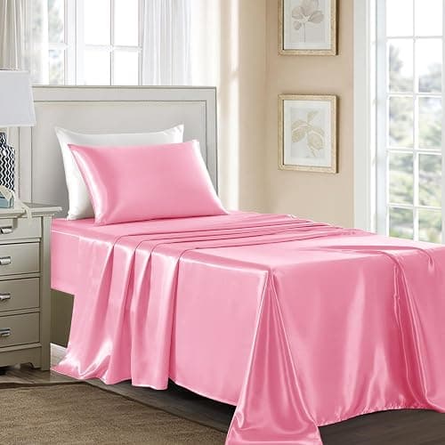 GOLAL Satin Sheets Twin Size - 3 Pieces Luxury Silky Soft Bed Sheets, Wrinkle-Free Light Pink Satin Silk Sheet Set with 1 Deep Pocket Fitted Sheet, 1 Flat Sheet, 1 Pillow Case thumbnail 3