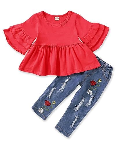 NZRVAWS Baby Girl Clothes Toddler Girl Outfits Infant Ruffle Shirt Denim Ripped Jeans Cute Clothing Set - Image 1