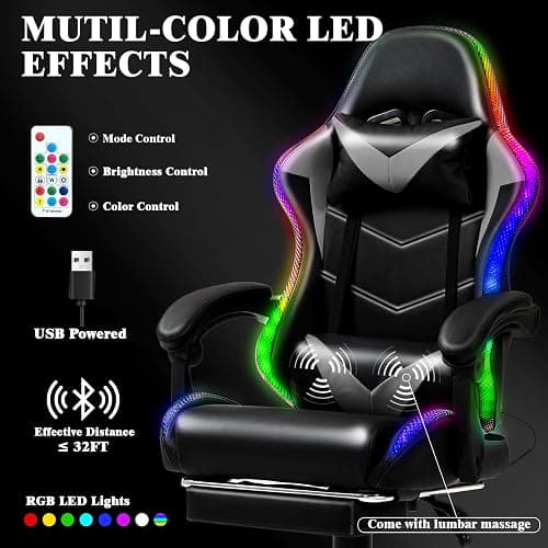 Czlolo Gaming Chair, Racing Style RGB LED Lights Gaming Chairs for Adults and Kids, Lumbar Massager Gamer Chair, High Back Reclining Computer Chair with Footrest and Headrest (Black/Gray) thumbnail 3