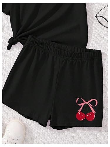 RoseSeek Girl's 2 Piece Outfits Cherry Bow Graphic Tee Shirt and Shorts Set Cute Summer Outfits thumbnail 6