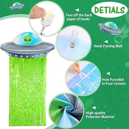 Simgoing Alien Birthday Party Door Curtain Decorations, Fluorescent Green | Foil Tinsel Flying Saucer Spaceship Hanging Banner for Alien Halloween Party Supplies, Fun Garland Decorations thumbnail 3