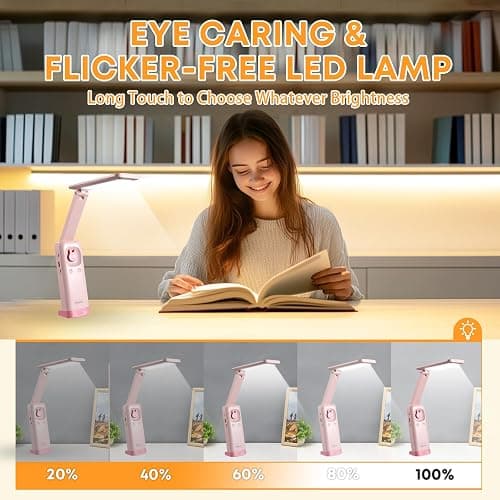 VAVOFO Cute Desk Lamp, Foldable & Portable LED Lamp with 6000mAh Rechargeable Battery, 3 Color Modes, USB-C Cordless Study Lamp for Bedroom, Office, Kids Room (Pink) thumbnail 2