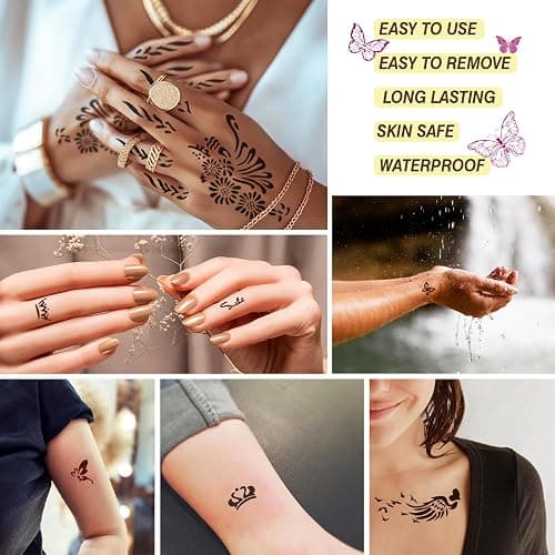 126 PCS Temporary Tattoos Stencils Kit,Temporary Tattoos Kit - 6 Pcs Tattoo Cones 2 Color (Brown Black) with Gloves,DIY Body Art Skin Painting Designs for Women Men Adults Kids thumbnail 3