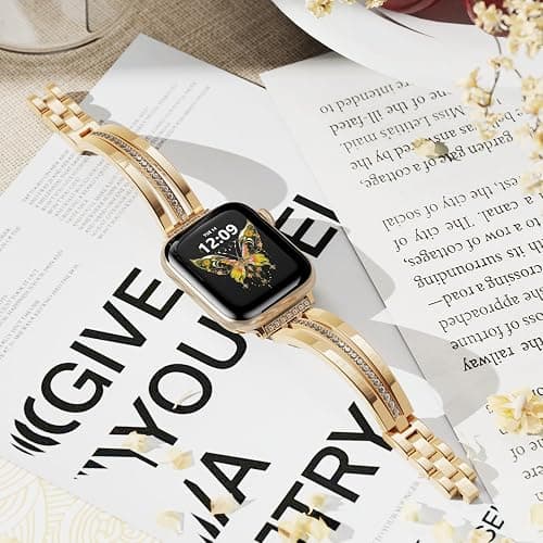 AIRSPO Slim Gold Band Compatible with Apple Watch 38mm 40mm 41mm 42mm 44mm 45mm 46mm Women Thin Metal Strap Dressy Jewelry Bracelet with Bling Diamond for iWatch Bands Series 10 9 8 7 6 5 4 3 SE thumbnail 7