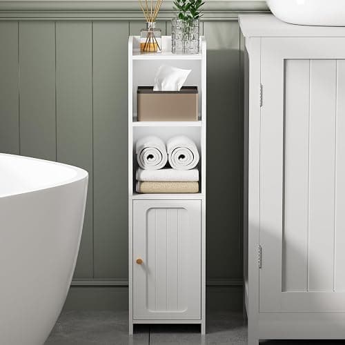 BEWISHOME Small Bathroom Cabinet, Narrow Storage Cabinet with Anti-Tip & Adjustable Shelves,Bathroom Organizers and Storage Cabinets for Small Spaces, 7.9 x 7.9 x 31.5 Inches，White YYG06W thumbnail 2