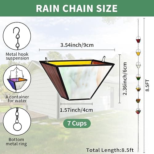 Rain Chain Set 8.5FT,Handmade Pure Copper Inlaid Stained Glass Vintage Style, Rain Chains for Drains to Divert Water & Home Display, Garden Decoration (Mutil col) thumbnail 4