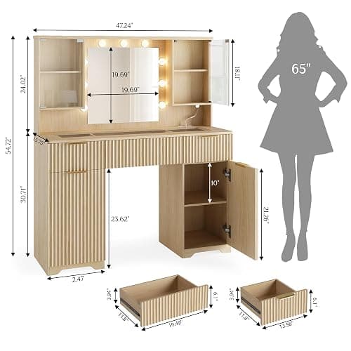 Fluted Makeup Vanity Desk with Mirror and Lights, Glass Top 48" Wood Vanities w/Charging Station , Dressing Table w/3 Drawers & 2 Large Storage Cabinets, Dustproof Organizer for Bedroom Gift(Natural) thumbnail 2