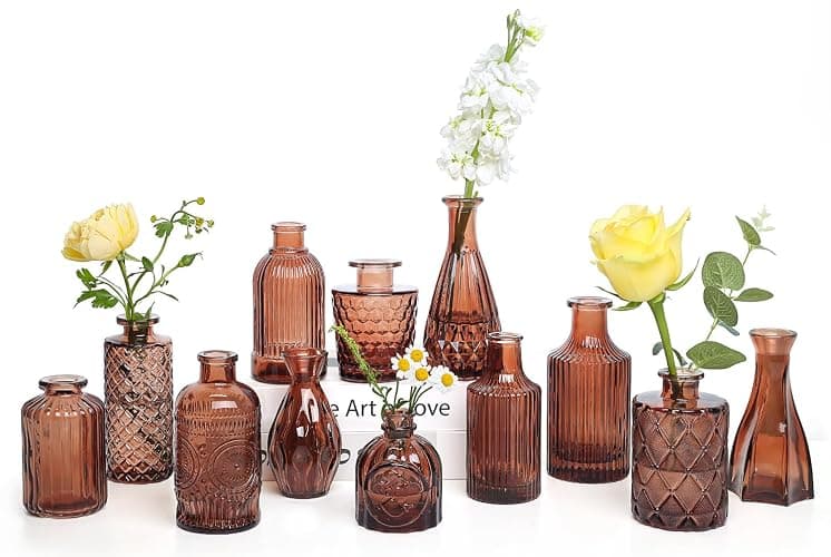 TBWIND 12-Piece Glass Bud Vase Set – Small Caramel Coffee Brown | Etched Glass Vases with Unique Shapes and Weighted Base for Windowsills, Bathrooms, and Table Centerpiece Décor - Image 1