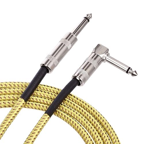 Amazon Basics TS 1/4 Inch Tweed Cloth Jacket Right-Angle Instrument Cable for Electric Guitar, 10 Foot, Yellow & Brown thumbnail 2