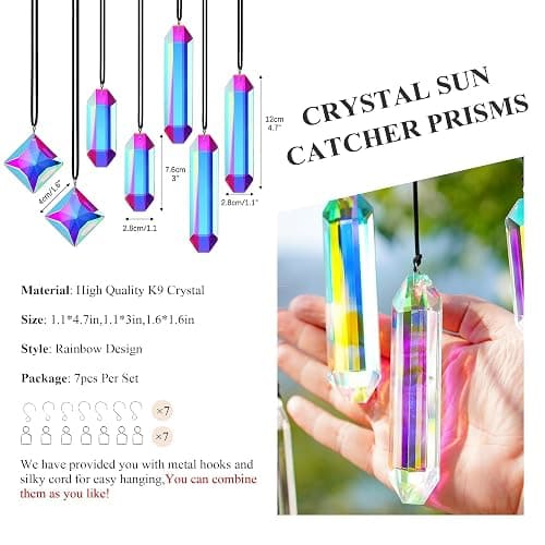 HDCRYSTALGIFTS Set 7 Crystal Sun Catcher Prisms, AB Colored Suncatcher Crystals Indoor Window Hanging Ornaments Rainbow Maker Prisms for Home Garden Decor thumbnail 2