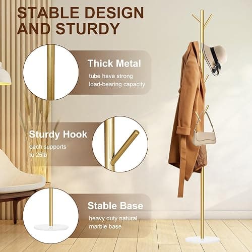 Wtiujhg Coat Rack, Metal Freestanding Coat Rack with 8 Hooks, Sturdy Coat Tree with Natural Marble Base for Coats, Hats, Scarves and Handbags for Entryway, Hallway, Bedroom, Office,Dorm (Gold) thumbnail 4