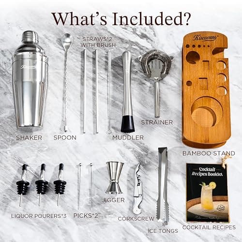 KITESSENSU Cocktail Shaker Set Bartender Kit with Stand | Bar Set Drink Mixer Set with All Essential Accessory Tools: Martini Shaker, Jigger, Strainer, Mixer Spoon, Muddler, Liquor Pourers |Silver thumbnail 4