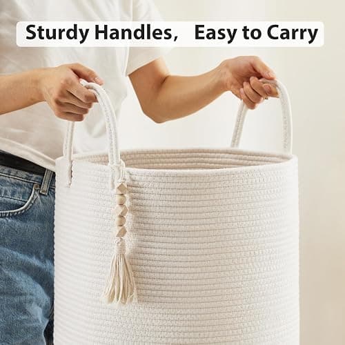 Fiona's magic Woven Rope Laundry Hamper, Tall Laundry Basket for Blanket Storage, Large Dirty Clothes Hamper for Toys, Decorative Baby Nursery Hamper for Bedroom, Living Room - White, 58L thumbnail 4