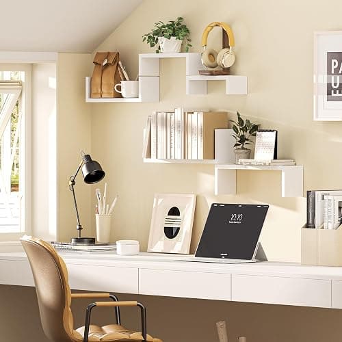 SRIWATANA White Floating Shelves, Set of 5 Solid Wood Wall Mounted Shelves | Sturdy Rustic Wall Organizers in 5-Piece Set; Space-Saving Wood Shelves to Create Custom Gallery Displays for Decor & Storage thumbnail 3