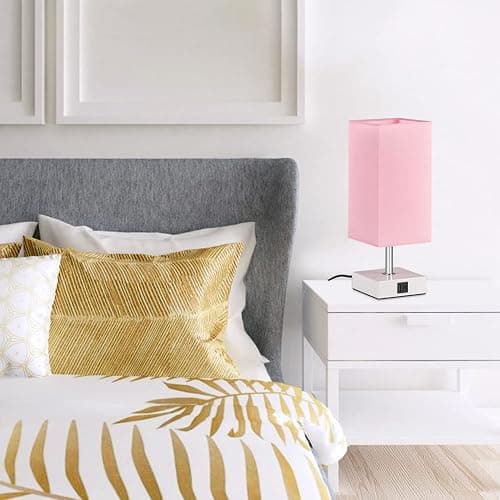 Ambimall Touch Control Table Lamp with 2 USB Charging Ports, 3 Way Touch Lamps Beside Desk, Nightstand Lamp for Bedrooms Living Room, Pink Shade with White Base, LED Bulb Included(Pink) thumbnail 7