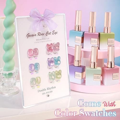 Double Rhythm Cat Eye Gel Nail Polish Set of 6 Same Color Same Bottle 0.5 Oz Shimmer Glitter with Magnet Holographic Reflective Magnetic UV Nail Polish Kit at Home (Rose Green Pink Purple-T6-46) thumbnail 2