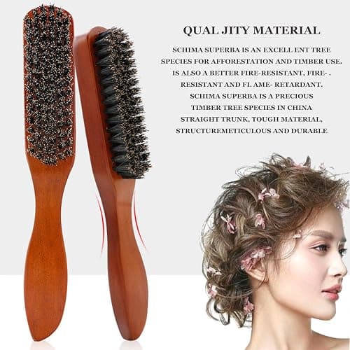 Boar Bristle Hair Brushes set，2 Pack Wooden Handle Slick Back Brush for Smoothing, Taming Wavy & Frizzy Hair, Teasing Comb for Edges Beard thumbnail 5