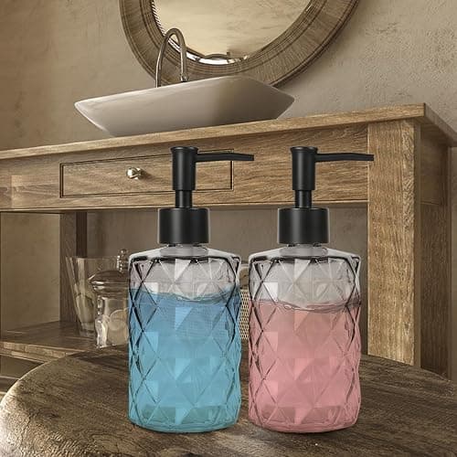 Ulable Glass Soap Dispenser with Plastic Pump, 2 Pack 12oz Gradient Diamond Design Black Soap Dispenser for Dishwashing Liquid, Lotion Shower Gel thumbnail 7