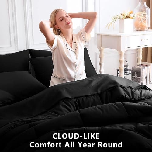 CozyLux Queen Comforter Set Black, 7 Pieces Bed in a Bag, Black Comforter Queen Size, All Season Bedding Sets with Stitch Quilted Comforter, Flat Sheet, Fitted Sheet, Pillowcases thumbnail 5