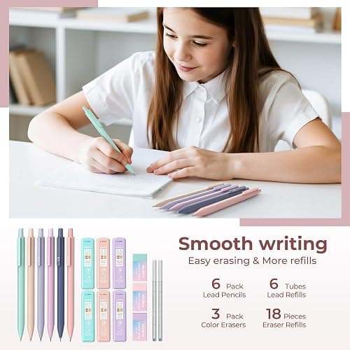 Nicpro 39 PCS Aesthetic School Supplies with Cute Pink Pencil Case, 12 Pastel Highlighters, 5 Quick Dry Black Ink Pens, 6 Mechanical Pencil 0.5 & 0.7 mm for Girls Student Stationary College Essentials thumbnail 5