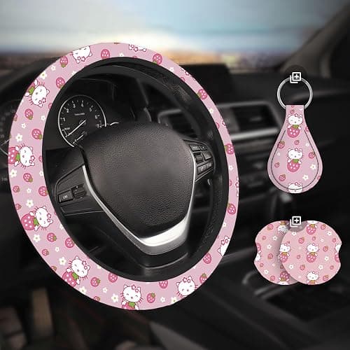 Kitty Accessories Car, Strawberry Pink Cat Wheel Cover, Y2K Car Accessories, Girly Steering Wheel Cover, Universal Fit 14.5-15 inch Auto SUV Vans Trucks, Anti-Slip and Sweat Absorption thumbnail 6