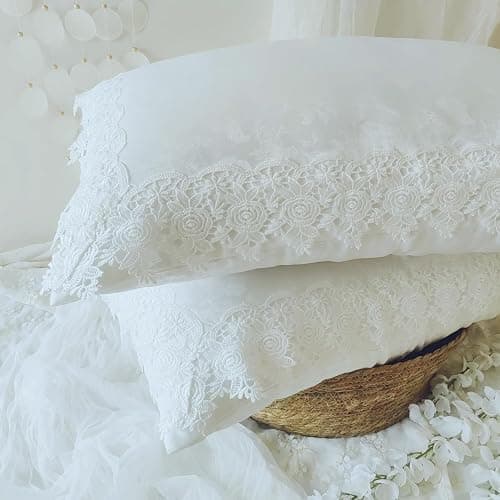 High-End White Pillow Cover with Carved Art & Lace,Floral Pillow Shams 20x26 Inch Set of 2,Pillowcases Standard Size for Farmhouse Décor Pillowcases thumbnail 7