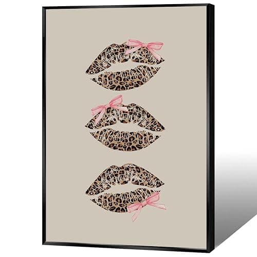 Trendy Leopard Kiss Lips Canvas Wall Art Coquette Pink Bow Poster Vintage Cheetah Aesthetics Prints Paintings Cute Girls Room Wall Decor For Dorm Apartment Bedroom Bathroom 12x16in Wrapped Canvas - Image 1