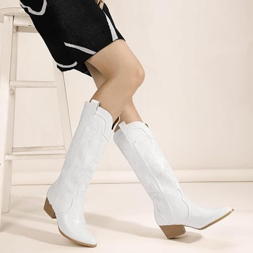 IDIFU IN2 Cowboy Boots For Women Cowgirl Knee High Western Tall Boots Chunky Low Pointed Toe Heel Boots Fashion Booties for Women Embroidered Wedding Country Concert Boots thumbnail 3