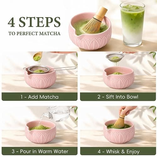 HUSHHAVN Matcha Whisk Set, Ceramic Matcha Set Includes Bowl & Holder, Bamboo Whisk (Chasen), Scoop, Spoon and Sifter, 6Pcs Matcha Kit Covers Everything Needed for Making Matcha (Leaf Pink) thumbnail 5