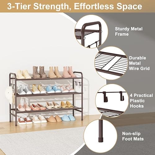 VILICK 3 Tier Shoe Rack 33" Wide Metal Shoe Organizer Long Shoe Storage with 4 Side Hooks Sturdy Shoes Shelf for Front Door Entrance, Closet, Garage, Dorm, Brown thumbnail 4