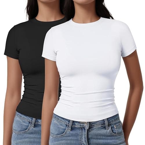 YOGINGO 2 Pack Womens Basic Short Sleeve Crew Neck T Shirt Slim Fit Tee 2024 Summer Y2k Going Out Crop Tops Tight Shirts thumbnail 3