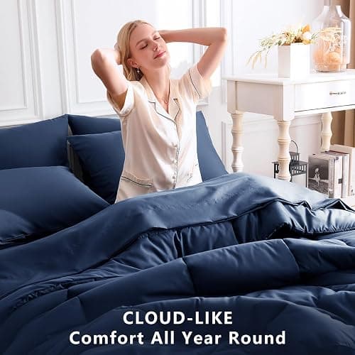 CozyLux Full Size Comforter Sets Navy Blue, 7 Pieces Bed in a Bag, Navy Comforter Full Size, All Season Bedding Sets with Stitch Quilted Comforter, Flat Sheet, Fitted Sheet, Pillowcases thumbnail 4