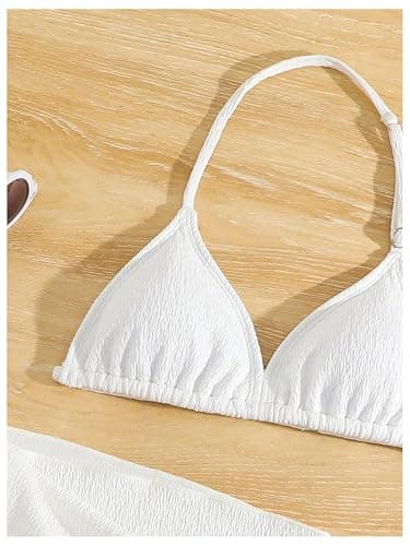 SHENHE Girl's 3 Pieces Halter Triangle Bikini Sets Spaghetti Strap Swimsuit Smocked Bathing Suit with Beach Skirt - 10 Years - White thumbnail 3