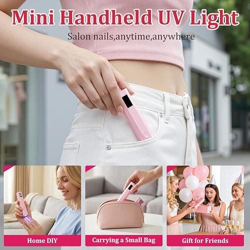 Ziumrw Handheld UV Nail Light for Gel Nails, Flash Cure Nail Lamp with LED Display, Mini Led Nail Lamp Pen Settings 20/60s Timer, Hand Held Nail Light for Glue Polish Home Salon DlY, Pink thumbnail 6
