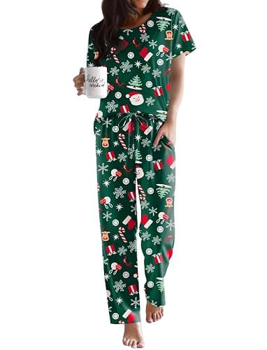 Ekouaer Pajama Sets for Women Round Neck Pjs Short Sleeve Sleepwear with Long Pants Loose Lounge Sets - Image 1