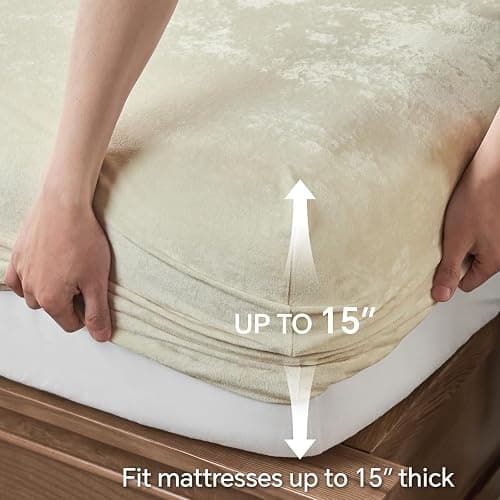 BEDELITE Velvet Fitted Sheet and Pillowcases Set, Luxury Soft Fuzzy Bottom Sheet with Reinforced Elastic Corner Straps, Deep Pocket up to 15 Inch, 1 Fitted Sheet and 2 Pillowcases (Queen, Cream) thumbnail 6
