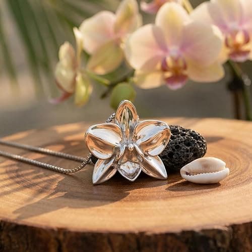 925 Sterling Silver Orchid Flower Necklace Pendant with 18" Box Chain, Nickle Free Hypoallergenic for Sensitive Skin, Island Tropical Jewelry with Gift Box thumbnail 2