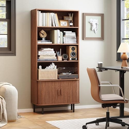 ONBRILL 71" Tall Bookshelf, 4-Tier Bookcase with Storage Cabinet & Adjustable Storage Shelf, Freestanding Wood Bookshelf with Sliding Door and Adjustable Footpad, for Home Office, Living Room, Walnut thumbnail 7