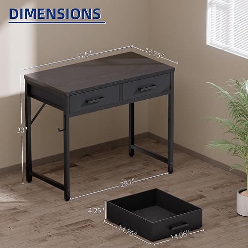 Pamray 32 Inch Small Computer Desk with 2 Drawers for Bedroom Study Writing Home Office Table for Small Spaces Brown thumbnail 3