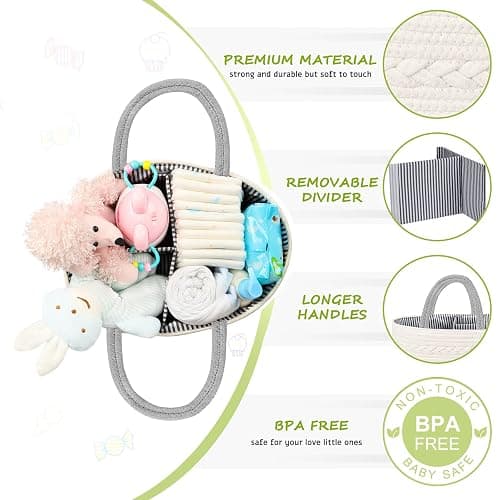 Maliton Baby Windel Caddy Organizer，Wickeltisch Organizer Aufbewahrungskorb mit Herausnehmbaren Fächern，Robuster Tragbarer Baumwollseil Windeltasche als Babyparty Geschenk，Grau - Grau - M thumbnail 5