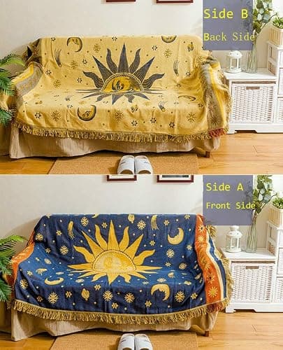 Erke Moon and Sun Throw Blanket Celestial Chair Recliner Cover Bed Spread Hippie Room Decor, Double Sided Cotton Woven Sofa Couch Furniture Aesthetic Witchy Throws - 50" X 70", Yellow/Blue thumbnail 9