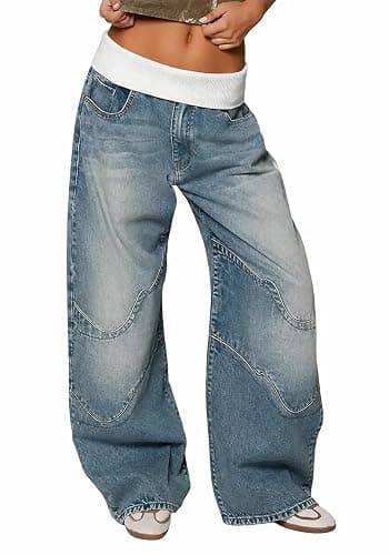 Ptorlio Womens Wide Leg Jeans Baggy Low Rise Y2K Stretchy Streetwear Color Block Denim Pants Trendy thumbnail 4