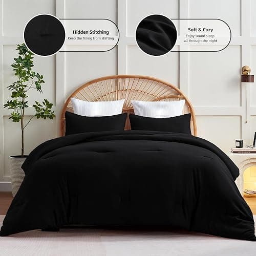 CozyLux King Size Comforter Set Black, 3 Pieces Solid Comforters King Size Breathable Quilted Style Bedding Set, Luxury Soft Microfiber Down Alternative Comforter Bed Set (1 Comforter & 2 Pillowcases) thumbnail 3