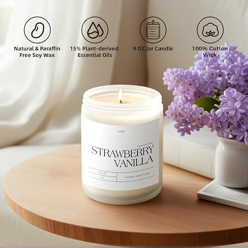 Putart Strawberry Vanilla Highly Scented Candle for Home, 9oz Natural Soy Aromatherapy Non Toxic Candles with Essential Oil, Home Fragrance Stress Relief & Meditation Jar Candles Gifts for Women & Men thumbnail 3