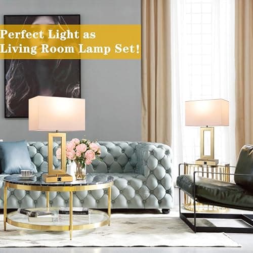 BrightWe 22’’ Set of 2 Touch Control Table Lamps w. 2 USB Ports, 3-Way Dimmable Bedroom Bedside Nightstand Touch Lamps, Modern Gold&White Lamps for Living Room End Table, LED Bulbs Included thumbnail 5