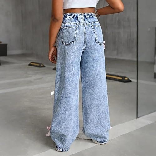 Godalithic Bow Jeans for Girls Wide Leg Kids Baggy Flare Denim Pants High Waisted Cute Clothes Y2k Outfits with Pockets 6-14Y thumbnail 4